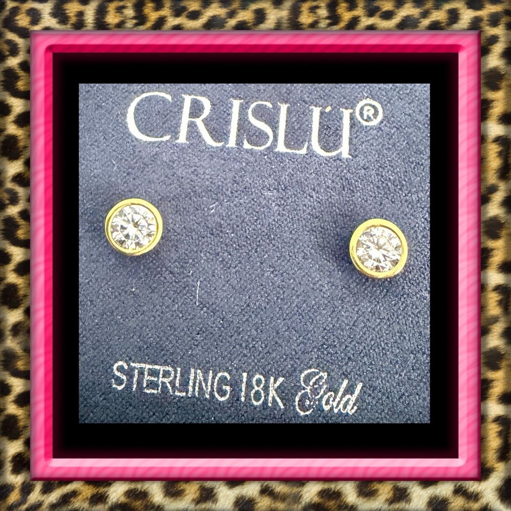 👑✅PRICE FIRM✅ CRISLU Sparkling CZ Sterling Silver 925 GP Bezel Set Stud Earrings